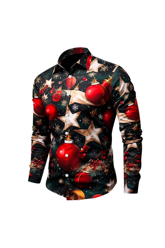 Christmas Shirts For Men Xmas Santa Digital 3D Printed Button Lapel Long Sleeve Shirt Top Blouse Black M