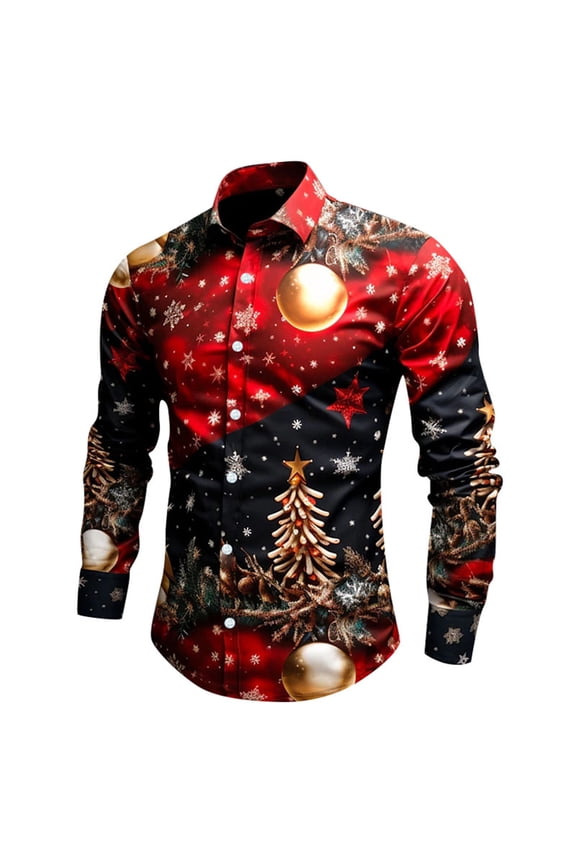 Christmas Shirts For Men Xmas Santa Digital 3D Printed Button Lapel Long Sleeve Shirt Top Blouse M