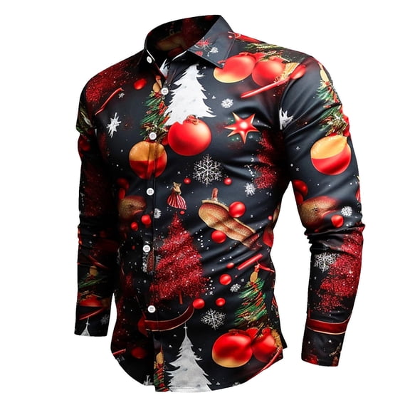 XDZJLR Christmas Shirts For Men Xmas Santa Printed Button Lapel Long Sleeve Shirt Top Polo Shirts For Men Blue L