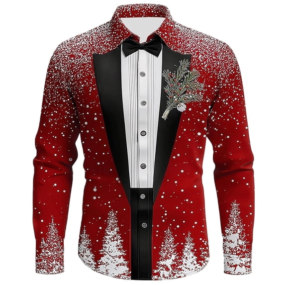 XDZJLR Christmas Shirts For Men Themed Button Down Long Sleeve Shirt Festive Holiday Party Wear Comfortable Casual Business Polo Shirts For Men Red Xl