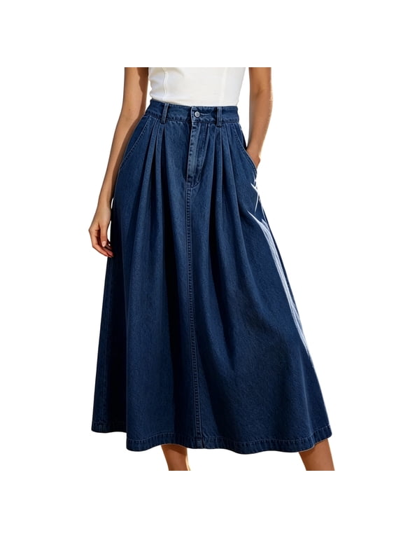 Denim Skirt Women Jean Skirts Blue Split Denim Midi Skirt Plus Size A Line Knee Length Skirt With Front Slit Casual Everyday Wear Dark Blue M-4Xl