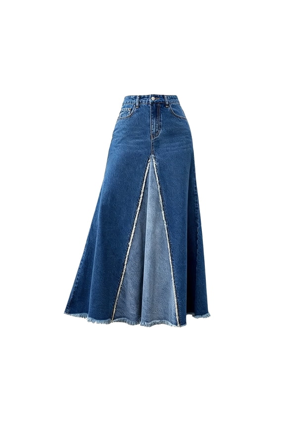 Denim Skirt Women Jean Skirts Patchwork Skirt For With Fringe Modern Casual Long Midi Skirt With Side Slit Blue Xs-L