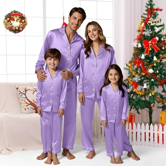 XDZJLR Family Christmas Pajamas Matching Sets Kids Long Sleeve Silk Like Satin Pure Color Two Piece Holiday Outfit,Nightwear Loungewear Pjs For Women Mom Light Purple