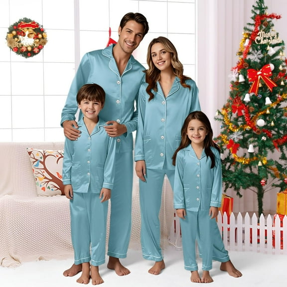 XDZJLR Family Christmas Pajamas Matching Sets Parents Kids Long Sleeve Silk Like Satin Pure Color Two Piece Holiday Outfit,Pjs Homewear Sleepwear For Men Dad Light Blue