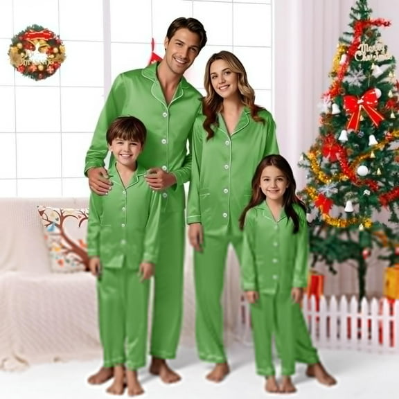 XDZJLR Family Matching Christmas Pajamas Set Parents Kids Long Sleeve Silk Like Satin Pure Color Two Piece Holiday Outfit,Loungewear Nightwear Pjs For Men Dad Green