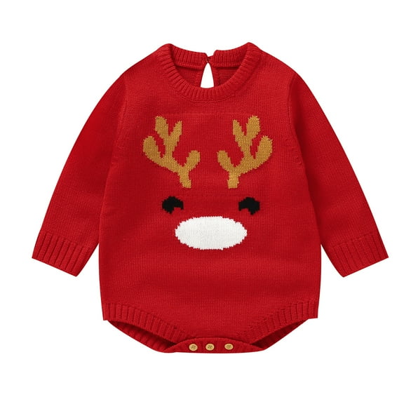 XDZJLR First Christmas Baby Girl Outfit Xmas Deer Knit Sweater Long Sleeve Striped Jumpsuit Warm Fall Winter Clothes Onesie Red 0-3 Months