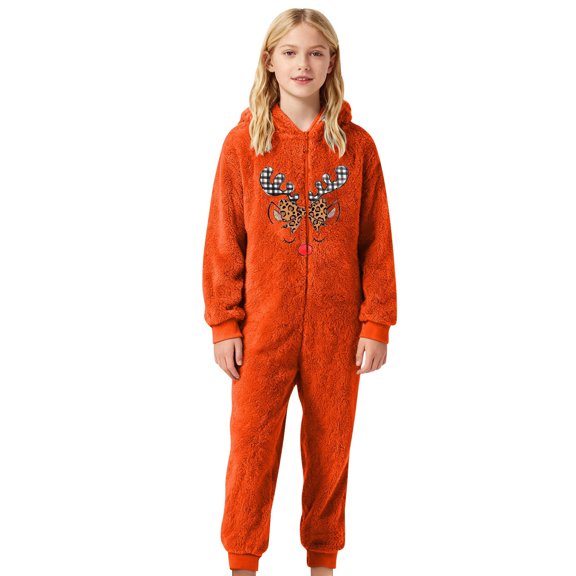 XDZJLR Flannel Christmas Onesie Pajamas For Kids Boys Girls Xmas Cozy Hooded Romper Jumpsuit Warm Winter Playwear Soft Loungewear Comfort Toddler Outfit Sleepwear Orange 3-4 Years