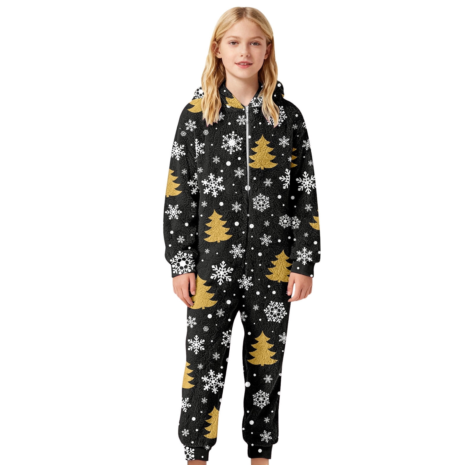 XDZJLR Flannel Christmas Onesie Pajamas For Kids Boys Girls Xmas Cozy Fleece Print Jumpsuit Hooded Romper Winter Holiday Outfit Soft Thermal Loungewear Toddler Kid Nightwear Black 9-10 Years