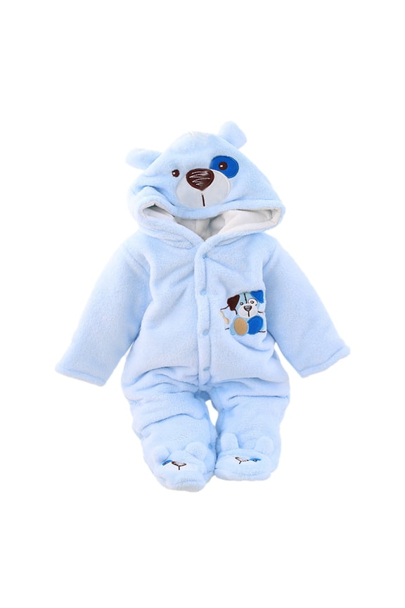 Fleece Baby Pajamas Newborn Jumpsuit Footie Hooded Thicken Winter Bunting Outwear Snowsuit Boys Light Blue 6-12 Months