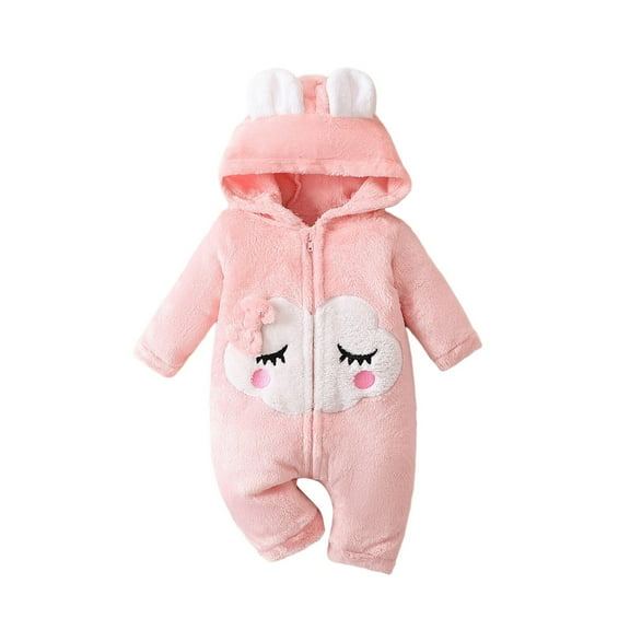 XDZJLR Fleece Baby Pajamas Soft Cloud Print Romper With Bow Detail Warm Infant Jumpsuit Autumn Winter Outfits Pink 0-3 Months