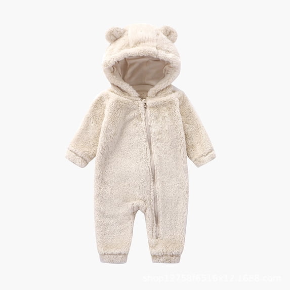 XDZJLR Fleece Baby Pajamas Soft Romper Jumpsuit Infant Winter Warm Hooded Full Outfit With Grips White 6-9 Months