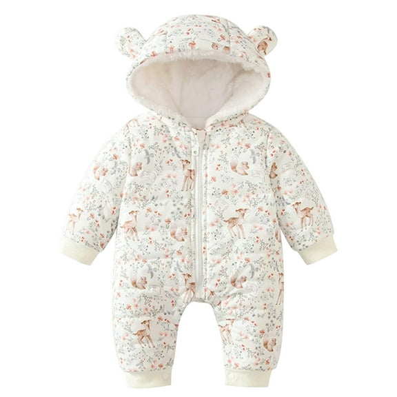 XDZJLR Fleece Baby Pajamas Winter Bodysuit Hooded Romper Cute Cartoon Print Thickened Warm Infant Outfit Toddler White 9-12 Months