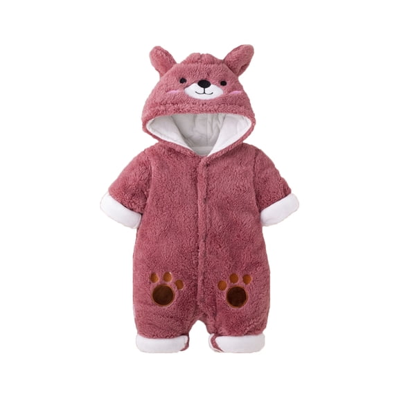 XDZJLR Fleece Baby Pajamas Winter Outfit Warm Bodysuit With Bear Design Cozy Romper Infant Toddler Cold Weather Wear Pink 3-6 Months