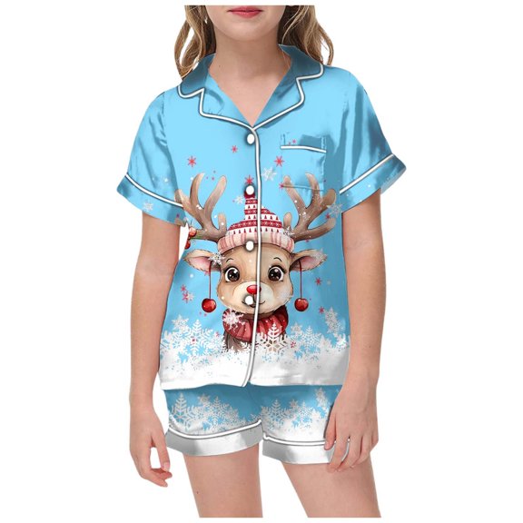 XDZJLR Girls Christmas Pajamas Xmas Printed Short Sleeved Button Top Shorts Home Pajamas Set Pjs Sleepwear Sky Blue 12-13 Years