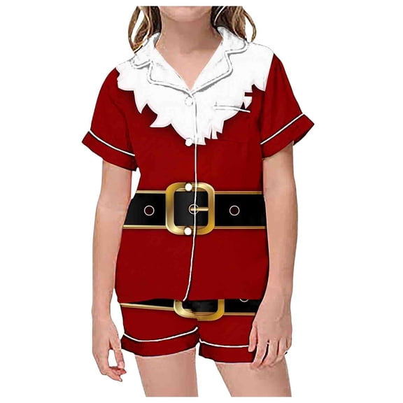 XDZJLR Girls Christmas Sleepwear Children Casual Printed Button Down Collar Short Sleeved Top Shorts Pajamas Set Nightwear Loungewear Red 8-9 Years