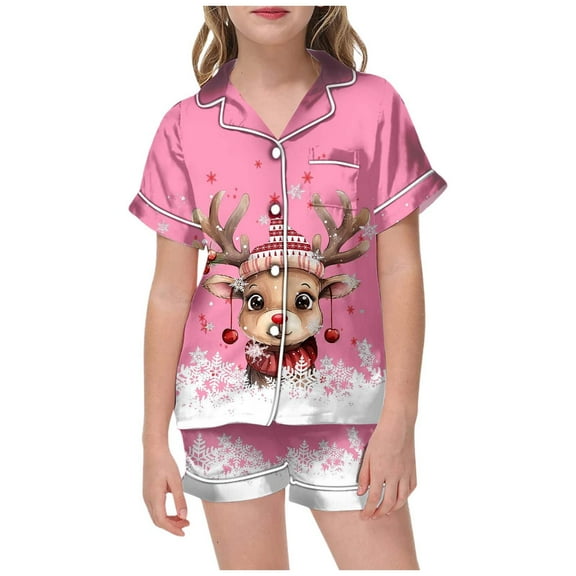 XDZJLR Girls Christmas Sleepwear Xmas Printed Short Sleeved Button Top Shorts Home Pajamas Set Nightwear Loungewear Pink 8-9 Years