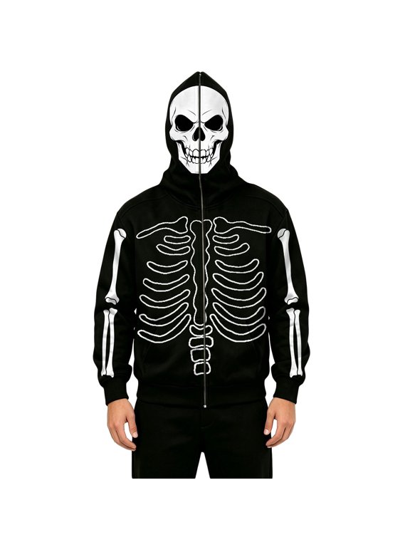 Halloween Zip Up Hoodie Men Full Face Mask Skeleton Funny Graphic Jacket With Pockets Fall Winter Pullover Hooded Sweatshirt