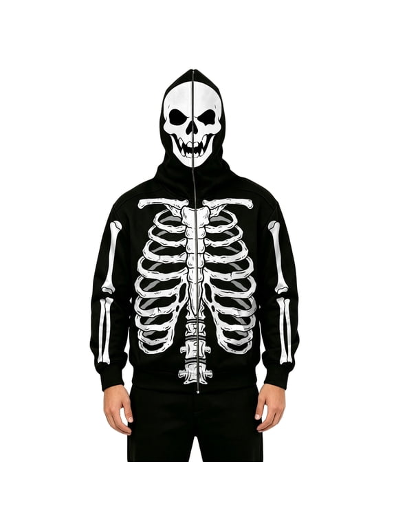 Halloween Zip Up Hoodie Men Full Face Mask Skeleton Funny Graphic Jacket With Pockets Fall Winter Pullover Hooded Sweatshirts