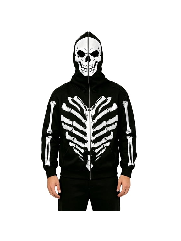 Halloween Zip Up Hoodie Men Full Face Mask Skeleton Funny Graphic Jacket With Pockets Fall Winter Pullover Hooded Sweatshirts