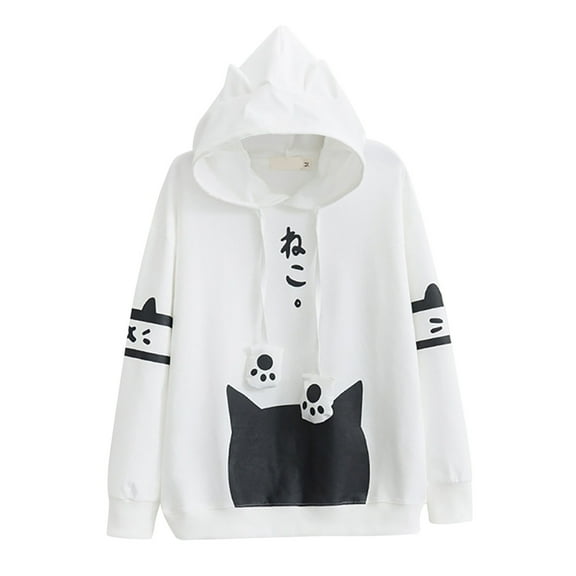XDZJLR Hoodies For Women Trendy Ladies Casual Cat Graphic Long Sleeve Oversized Sweatshirt Women Fashion Outwear Hoodie White Xl