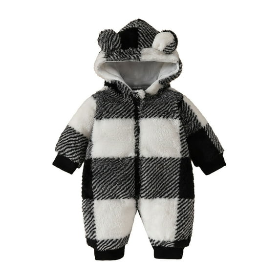 XDZJLR Kids Boys Girls Onesie Pajamas Flannel Infant Long Sleeve Plaid Hooded Romper Newborn Fleece Jumpsuit Homewear Black 9-12 Months