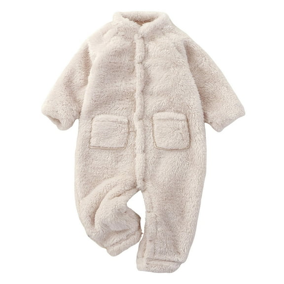 XDZJLR Kids Boys Girls Onesie Pajamas Flannel Baby Unisex Solid Spring Winter Long Sleeve Plush Baby Warm Clothing Romper Jumpsuit Nightwear Beige 12-24 Months