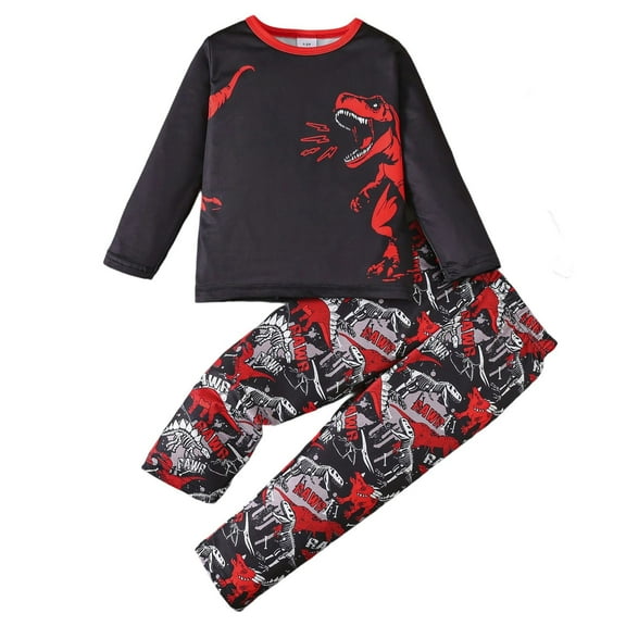 XDZJLR Kids Sleepwear Boys Outfits Dinosaur Print Long Sleeve T Shirt With Pants Casual Set Toddler And Comfortable Everyday Wear Pjs Pajamas Red 2T