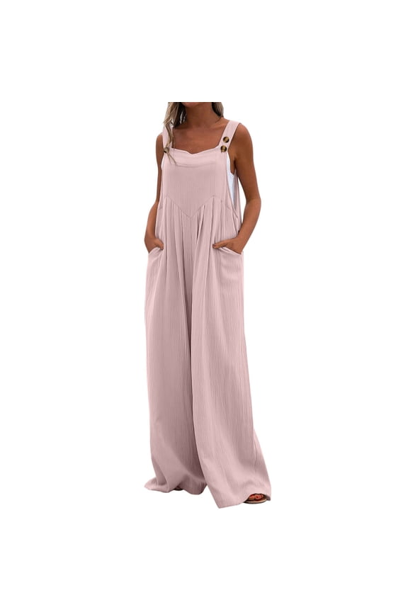 Linen Jumpsuits For Women Summer Casual With Pockets Romper Strap Solid Playsuit Button Long Jumpsuit Overalls For Holiday Vacation Beach S-Xxl