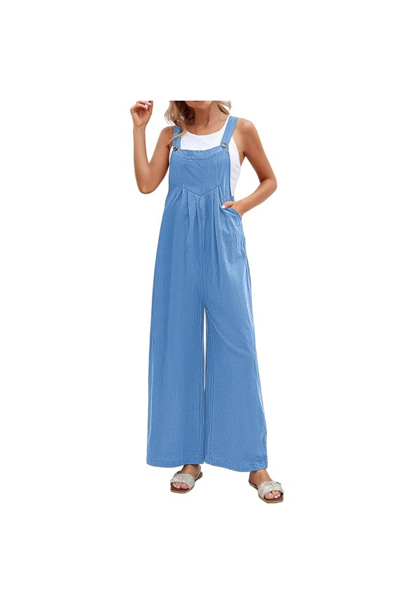 Linen Jumpsuits For Women Summer Casual With Pockets Romper Strap Solid Playsuit Button Long Jumpsuit Overalls For Holiday Vacation Beach S-Xxl