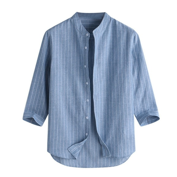 XDZJLR Men Dress Shirt Summer Striped Button Lapel Fashion Casual 3/4 Sleeve Linen Blouse Tops Blue L
