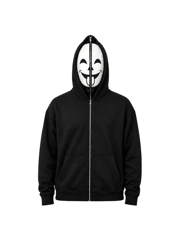 Men Halloween Zip Up Hoodies Full Face Mask Funny Graphic Jacket With Pockets Fall Winter Pullover Hooded Sweatshirt