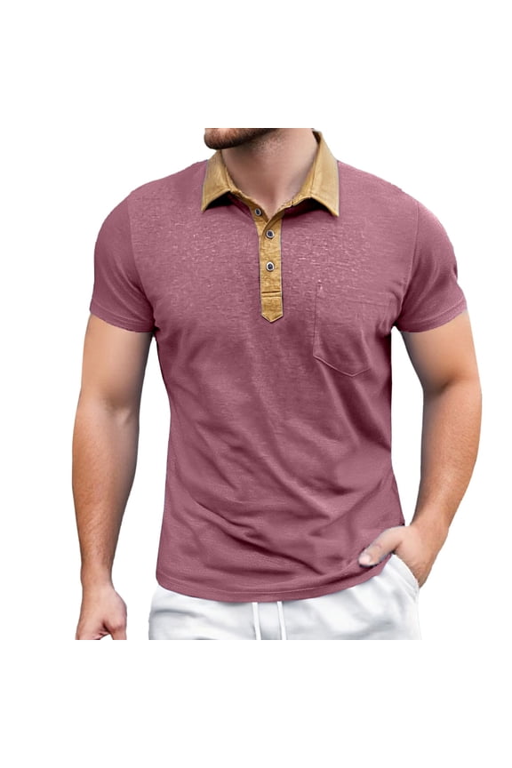 Men Polo Shirts Color Blocked Button Open Neck Casual Loose Comfortable Business Sports Short Sleeved Shirt Blouse L