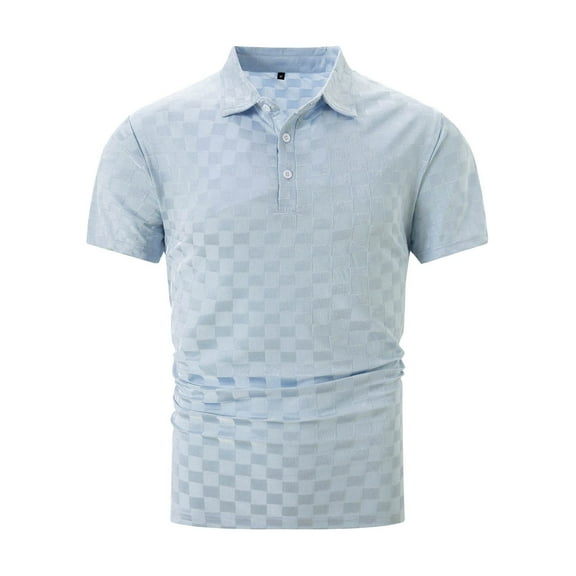 XDZJLR Men Polo Shirts Ice Silk Plaid Jacquard Lapel Daily Casual Short Sleeved Shirts Blouse Light Blue Xxl
