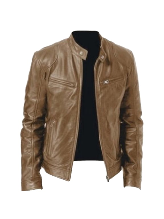 Men Vintage Cool Jacket Leather Long Sleeve Autumn Winter Stand Collar Club Coat
