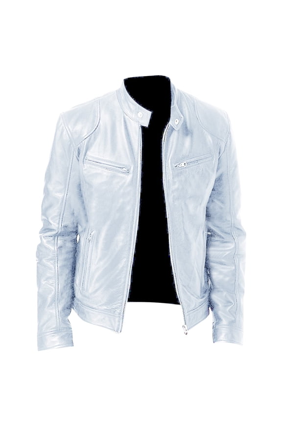 Men Vintage Cool Jacket Leather Long Sleeve Autumn Winter Stand Collar Club Coat