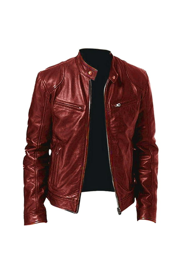 Men Vintage Cool Jacket Leather Long Sleeve Autumn Winter Stand Collar Club Coat