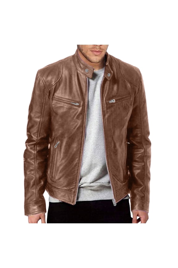 Men Vintage Cool Jacket Leather Long Sleeve Autumn Winter Stand Collar Club Coat