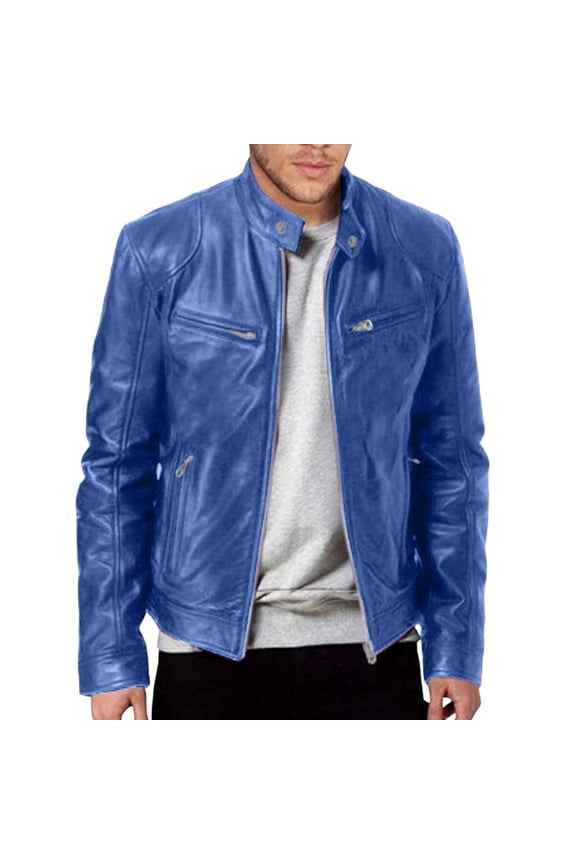 Men Vintage Cool Jacket Leather Long Sleeve Autumn Winter Stand Collar Club Coat