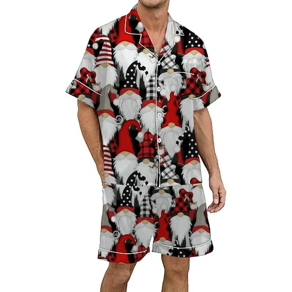 XDZJLR Men's Christmas Pajamas Xmas Printed Silk Satin Short Sleeved Button Up Set Pjs Mens Pajamas Brick Red L