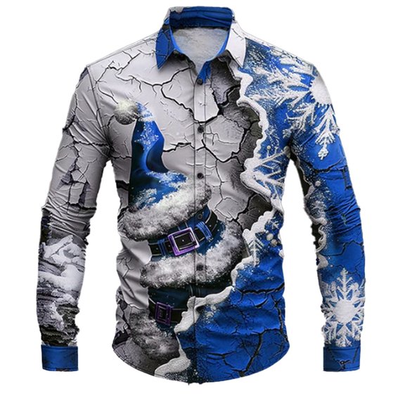 XDZJLR Men's Christmas Shirts Xmas Fashion 3D Printed Casual Holiday Carnival Button Lapel Long Sleeved Shirt Polo Shirts For Men Blue L