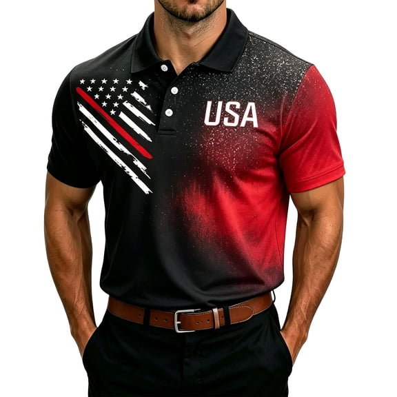 XDZJLR Men's Polo Shirts July 4Th Independence Day With Button Front Print Short Sleeve Performance Knit Tops Big And Tall Golf Shirts For Men S-6Xl