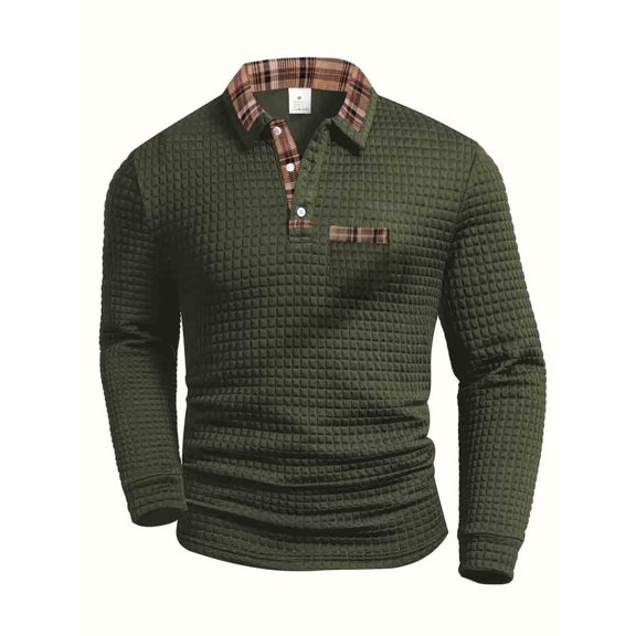 XDZJLR Men's Polo Shirts Winter Casual Plaid Patchwork Pocket Lapel Long Sleeved Sportswear Top Blouse Army Green Xxl