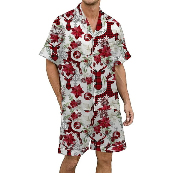 XDZJLR Mens Christmas Loungewear Xmas Printed Silk Satin Short Sleeved Button Up Set Pjs Men's Pajamas Pink L
