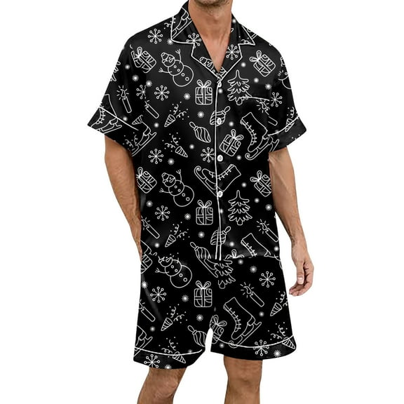 XDZJLR Mens Christmas Pajama Xmas Print Short Sleeve Shorts Button Down Pajama Holiday Themed Outfit Comfortable Nightwear Pjs Loungewear Black M