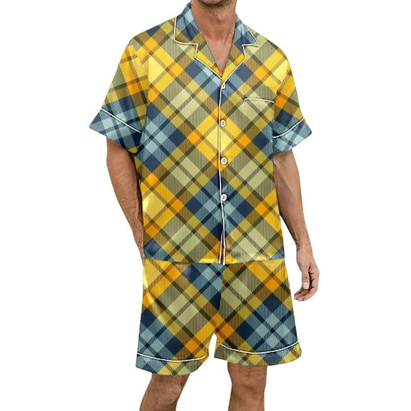 XDZJLR Mens Christmas Pajamas Fashion Plaid Print Short Sleeve Shorts Button Down Comfortable Pajamas Home Relaxation Pjs Sleepwear Light Blue M