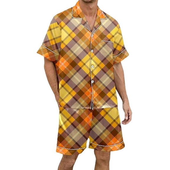 XDZJLR Mens Christmas Pajamas Fashion Plaid Print Short Sleeve Shorts Button Down Comfortable Pajamas Home Relaxation Pjs Sleepwear Orange M