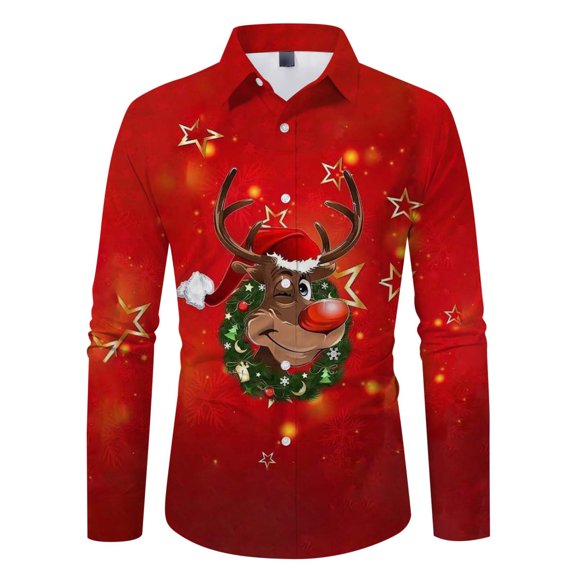 XDZJLR Mens Christmas Shirt Xmas Casual Business Loose Comfortable Long Sleeved Shirt Xmas Reindeer Blouse Red M