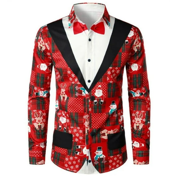 XDZJLR Mens Christmas Shirt Xmas Lapel 3D Digital Printed Shirt Autumn Loose Casual Shirt Blouse Red S