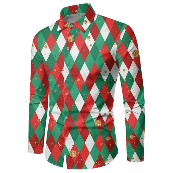 XDZJLR Mens Christmas Shirts Male Winter Xmas Long Sleeve Button Full Print Funny Special Atmosphere Shirts For Men Red Xxl