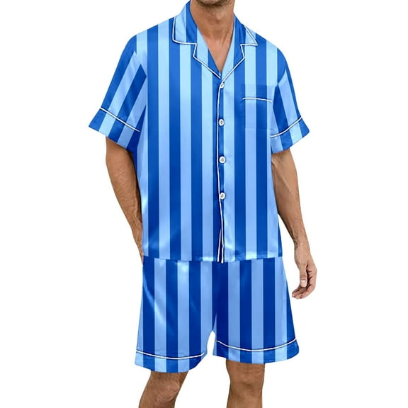 XDZJLR Mens Christmas Sleepwear Striped Print Short Sleeve Shorts Button Down Pajama Comfortable Home Relaxation Nightwear Loungewear Purple S
